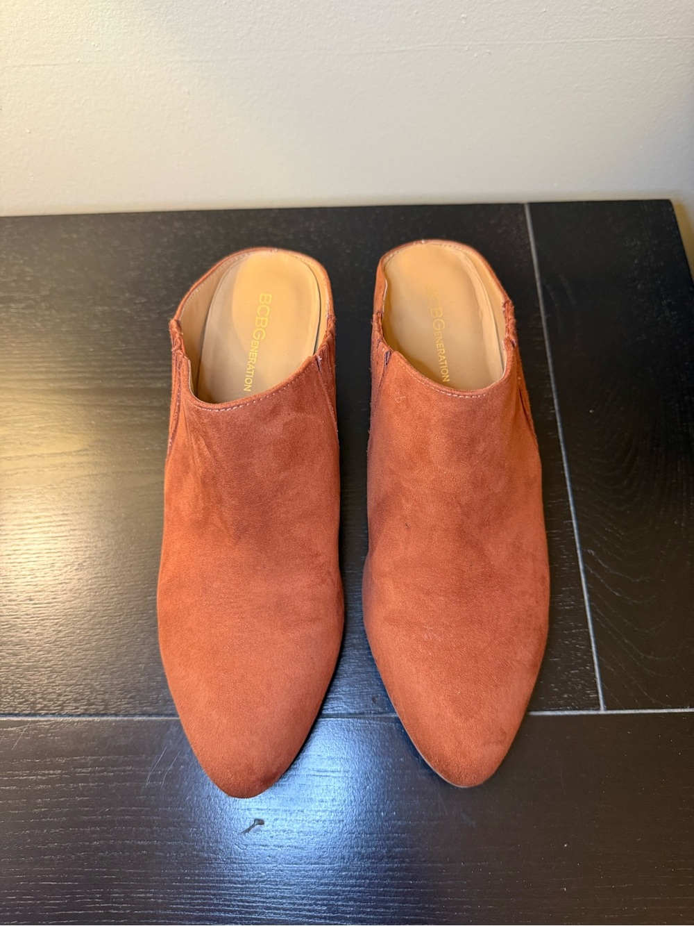 BCBGeneration Rust Sueded Pointed Toe Slip-On Mules